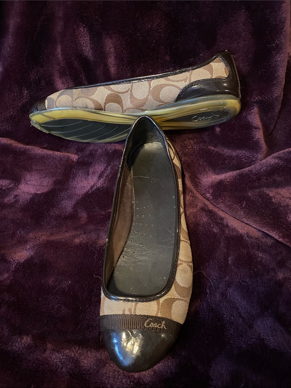 Coach Tan Signature Canvas Ballet Flats with Brown Patent Trim